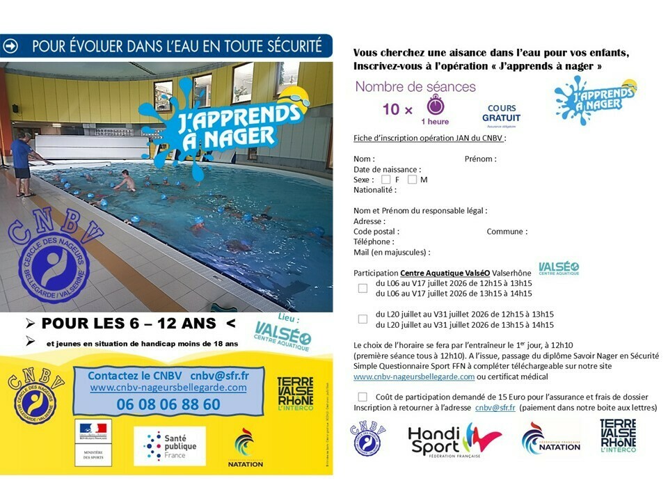 Opération CNBV "J'apprends à nager 2026" à ValséO